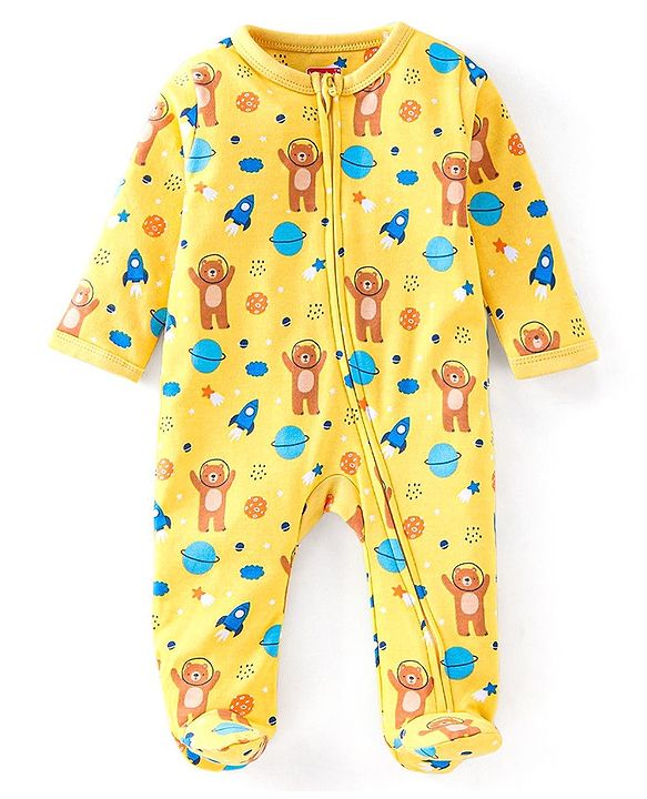 Babyhug Cotton Knit Full Sleeves Bear & Spaceship Printed Footed Sleep Suit - Yellow