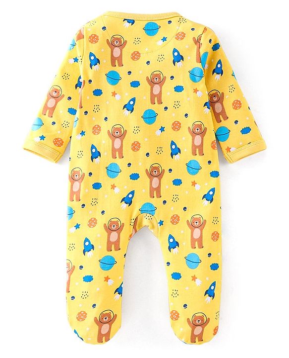 Babyhug Cotton Knit Full Sleeves Bear & Spaceship Printed Footed Sleep Suit - Yellow