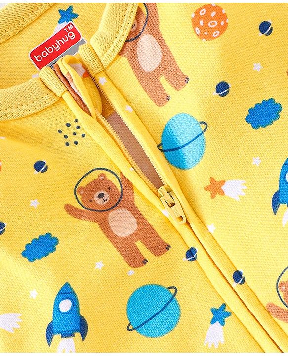 Babyhug Cotton Knit Full Sleeves Bear & Spaceship Printed Footed Sleep Suit - Yellow