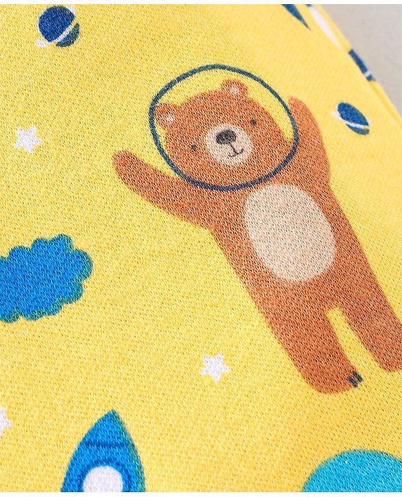 Babyhug Cotton Knit Full Sleeves Bear & Spaceship Printed Footed Sleep Suit - Yellow