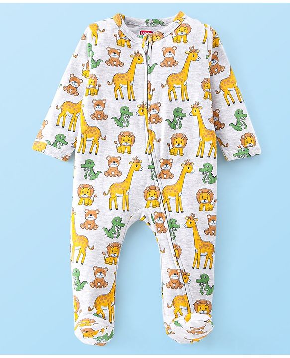 Babyhug Cotton Knit Full Sleeves Sleepsuit Animals Print - White