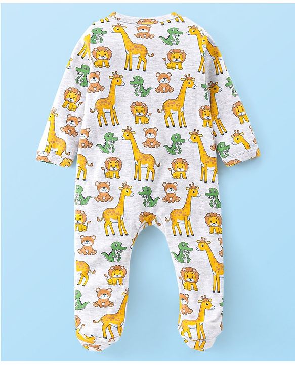 Babyhug Cotton Knit Full Sleeves Sleepsuit Animals Print - White