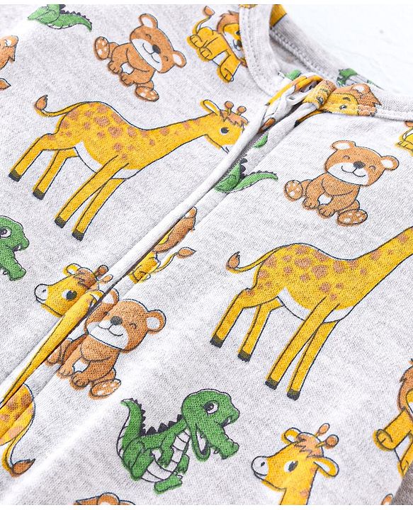 Babyhug Cotton Knit Full Sleeves Sleepsuit Animals Print - White