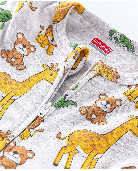 Babyhug Cotton Knit Full Sleeves Sleepsuit Animals Print - White