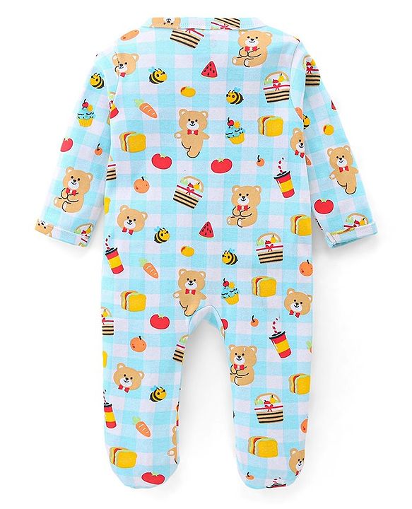 Babyhug Cotton Knit Full Sleeves Footed Sleep Suit With Teddy Print - Blue
