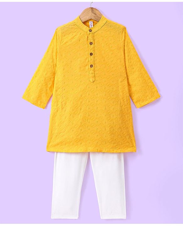 Babyhug 100%  Cotton Full Sleeves Schiffly Kurta Pyjama Set - Yellow
