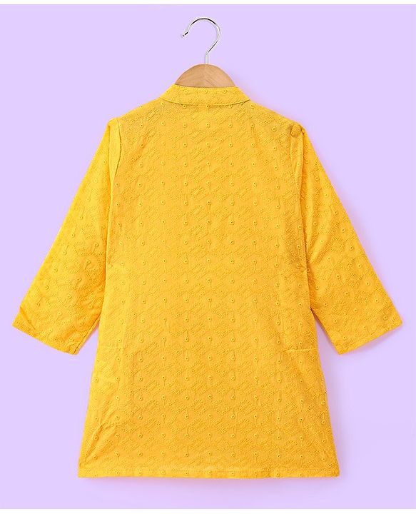 Babyhug 100%  Cotton Full Sleeves Schiffly Kurta Pyjama Set - Yellow