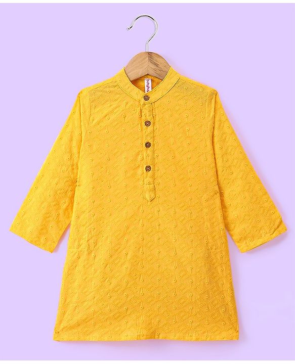 Babyhug 100%  Cotton Full Sleeves Schiffly Kurta Pyjama Set - Yellow