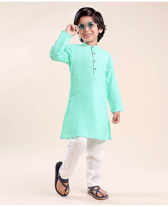 Babyhug Three Full Schiffly Embroidered Kurta With Pyjama Set-Aqua