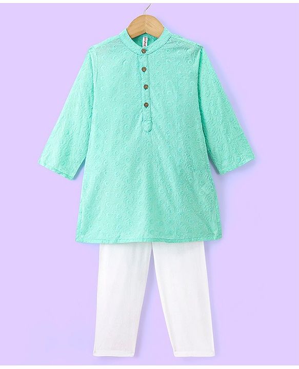 Babyhug Three Full Schiffly Embroidered Kurta With Pyjama Set-Aqua