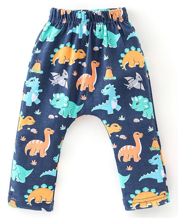 Babyhug Cotton Knit Full Length Striped & Dino Printed Diaper Pants Pack of 3 - Multicolour