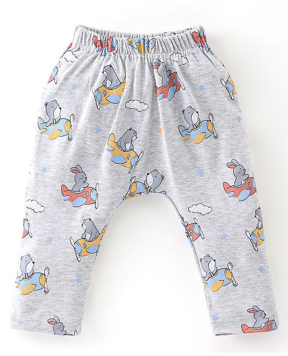 Babyhug Cotton Knit Full Length Striped & Bear Printed Diaper Pants Pack of 3 - Multicolour