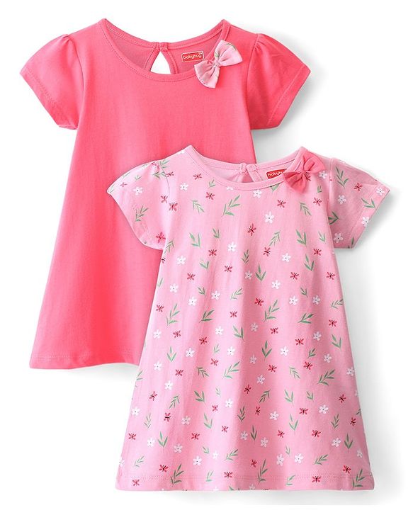 Babyhug 100% Cotton Knit Half Sleeves Frock Floral Print Pack of 2 - Pink