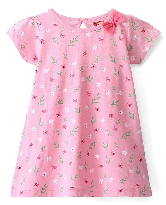 Babyhug 100% Cotton Knit Half Sleeves Frock Floral Print Pack of 2 - Pink