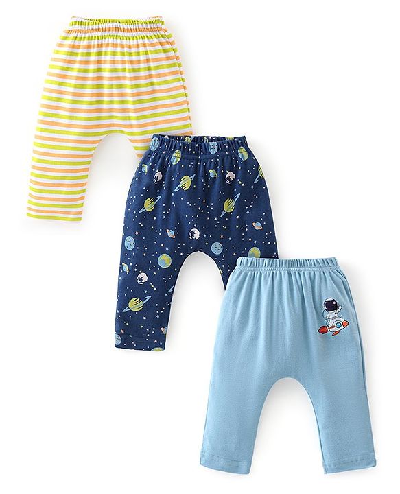 Babyhug Cotton Knit Full Length Diaper Pants Striped & Astronaut Print Pack Of 3 - Multicolour
