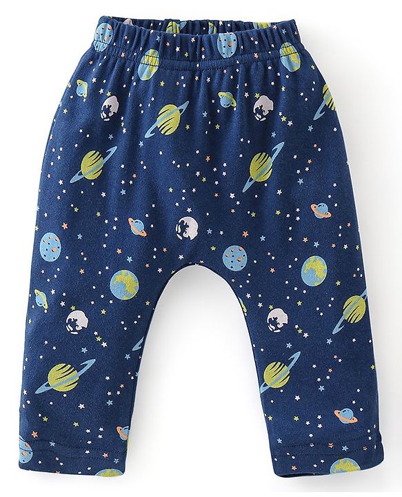 Babyhug Cotton Knit Full Length Diaper Pants Striped & Astronaut Print Pack Of 3 - Multicolour