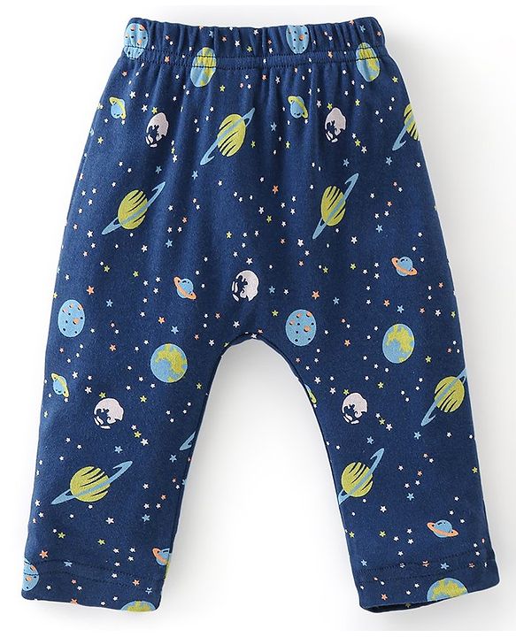 Babyhug Cotton Knit Full Length Diaper Pants Striped & Astronaut Print Pack Of 3 - Multicolour
