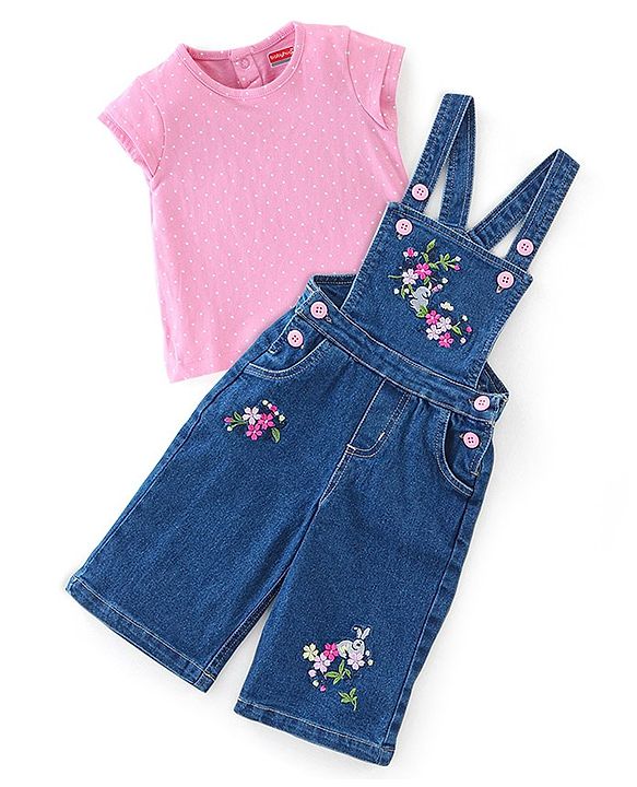 Babyhug 100% Cotton Knit Half Sleeves T-Shirt & Dungaree With Floral Embroidery - Pink & Navy Blue