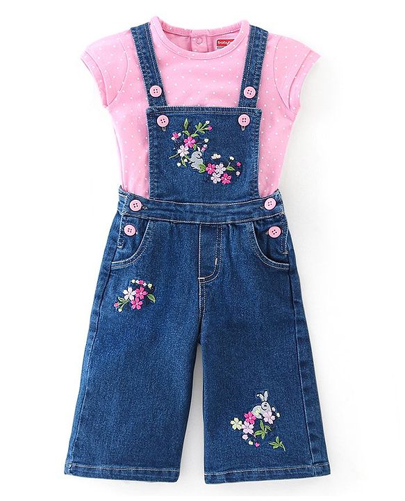 Babyhug 100% Cotton Knit Half Sleeves T-Shirt & Dungaree With Floral Embroidery - Pink & Navy Blue