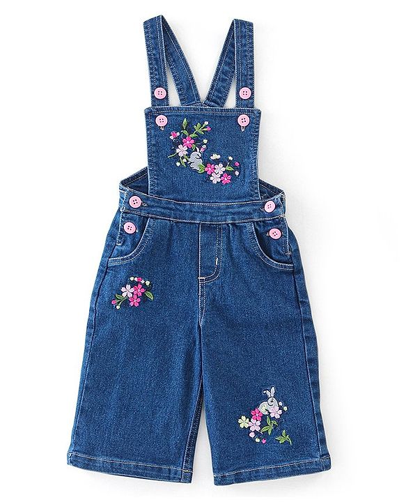 Babyhug 100% Cotton Knit Half Sleeves T-Shirt & Dungaree With Floral Embroidery - Pink & Navy Blue