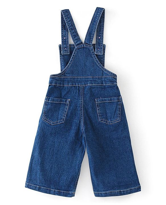 Babyhug 100% Cotton Knit Half Sleeves T-Shirt & Dungaree With Floral Embroidery - Pink & Navy Blue