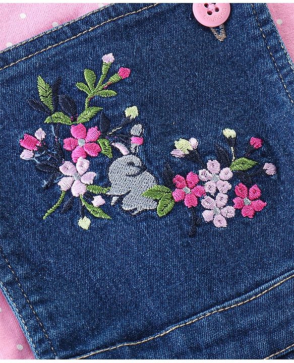 Babyhug 100% Cotton Knit Half Sleeves T-Shirt & Dungaree With Floral Embroidery - Pink & Navy Blue