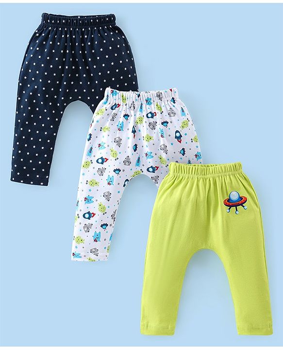 Babyhug Cotton Knit Full Length Robo & Stars Printed Diaper Pants Pack of 3 - Multicolour