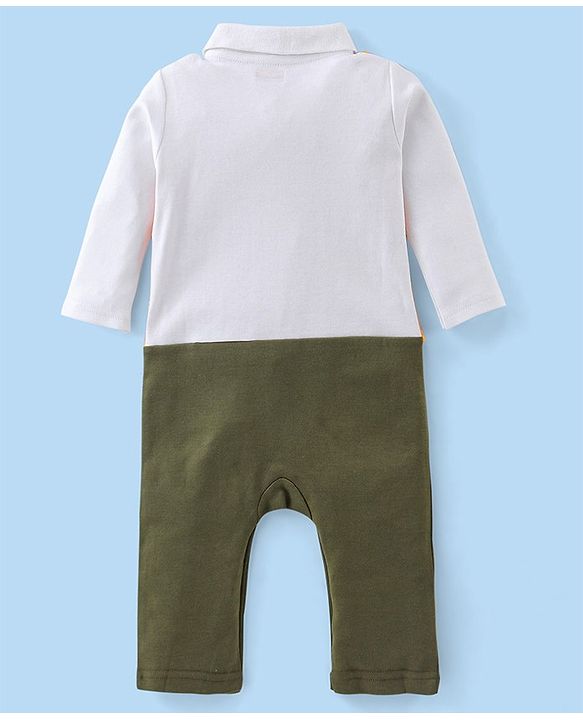Babyhug Cotton Knit Full Sleeves Striped Party Romper with Bow Tie - Yellow & Green