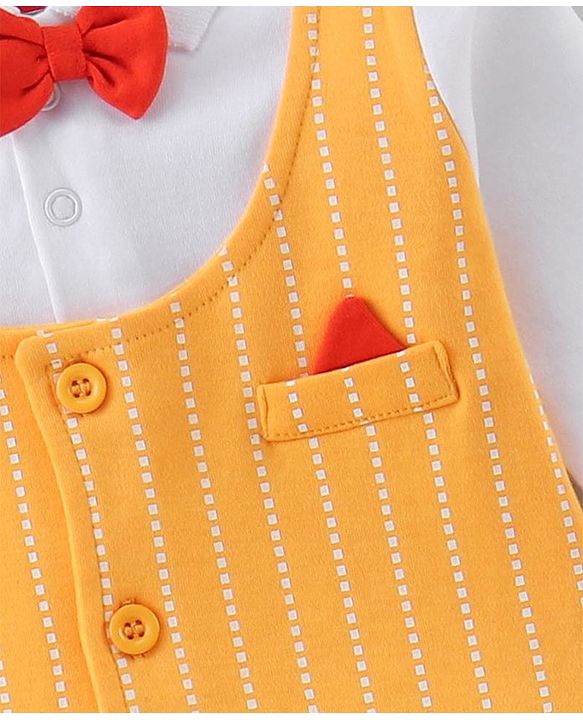 Babyhug Cotton Knit Full Sleeves Striped Party Romper with Bow Tie - Yellow & Green