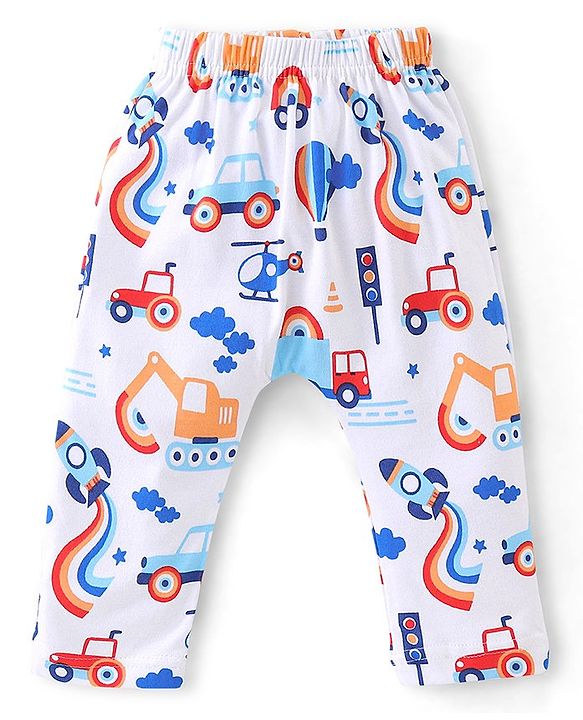 Babyhug Cotton Knit Full Length Diaper Pants Striped & Car Print Pack Of 3 - Red & White