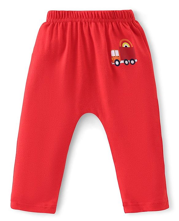 Babyhug Cotton Knit Full Length Diaper Pants Striped & Car Print Pack Of 3 - Red & White