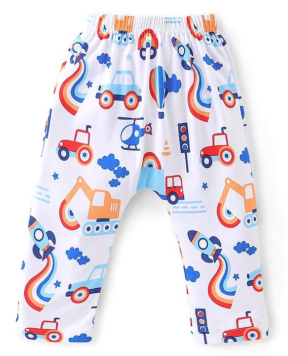 Babyhug Cotton Knit Full Length Diaper Pants Striped & Car Print Pack Of 3 - Red & White