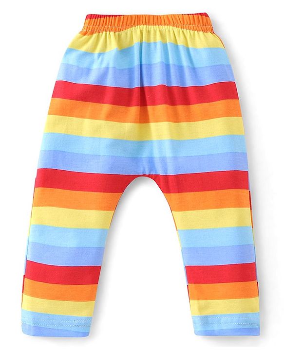 Babyhug Cotton Knit Full Length Diaper Pants Striped & Car Print Pack Of 3 - Red & White