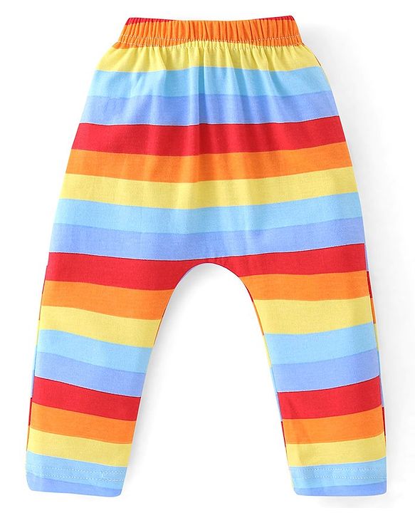 Babyhug Cotton Knit Full Length Diaper Pants Striped & Car Print Pack Of 3 - Red & White