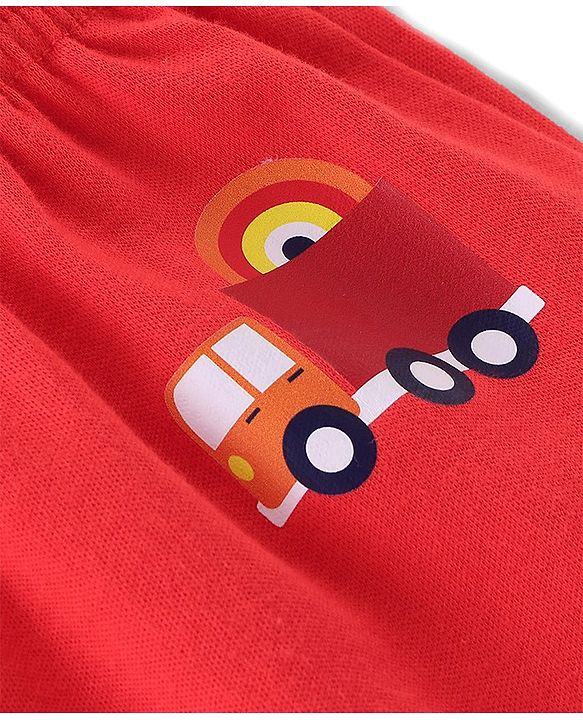 Babyhug Cotton Knit Full Length Diaper Pants Striped & Car Print Pack Of 3 - Red & White