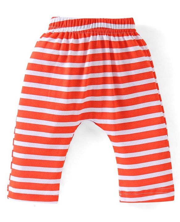 Babyhug Cotton Knit Full Length Diaper Pants Striped & Dino Print Pack Of 3 - Blue & Orange