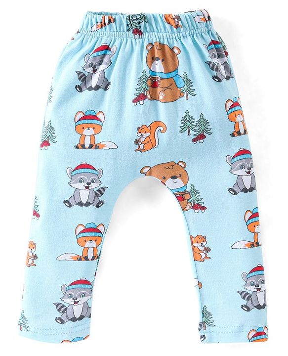 Babyhug Cotton Full Length Diaper Pants Striped & Teddy Print Pack Of 3 - White & Blue
