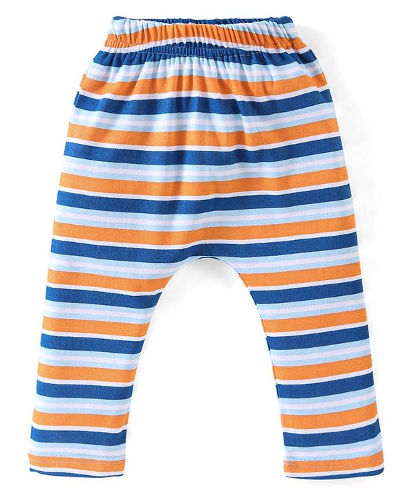 Babyhug Cotton Full Length Diaper Pants Striped & Teddy Print Pack Of 3 - White & Blue
