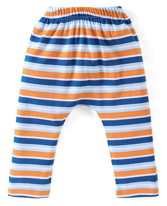 Babyhug Cotton Full Length Diaper Pants Striped & Teddy Print Pack Of 3 - White & Blue