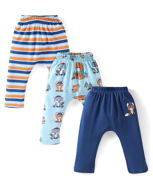Babyhug Cotton Full Length Diaper Pants Striped & Teddy Print Pack Of 3 - White & Blue