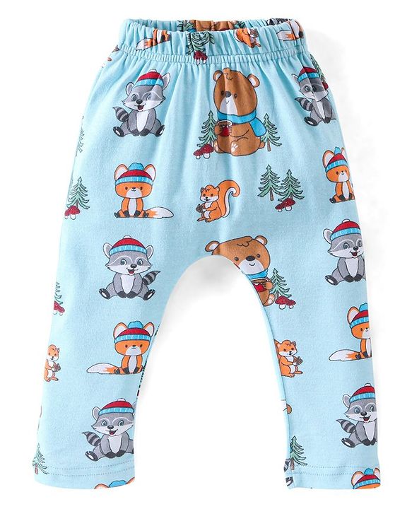 Babyhug Cotton Full Length Diaper Pants Striped & Teddy Print Pack Of 3 - White & Blue