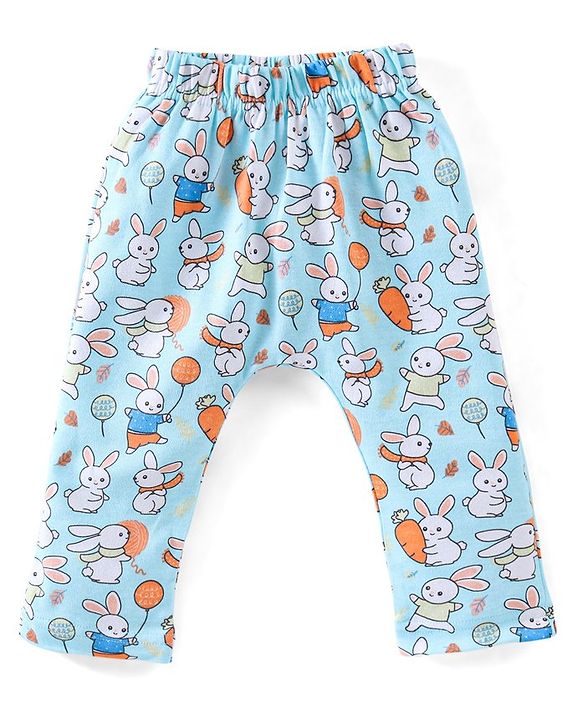 Babyhug Cotton Knit Full Length Diaper Pants Striped & Bunny Print Pack Of 3 - Multicfolour