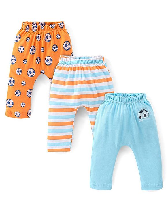 Babyhug Cotton Knit Diaper Pant Stripes & Soccer Ball Print Pack of 3 - Orange & Blue