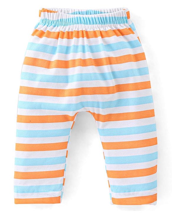 Babyhug Cotton Knit Diaper Pant Stripes & Soccer Ball Print Pack of 3 - Orange & Blue