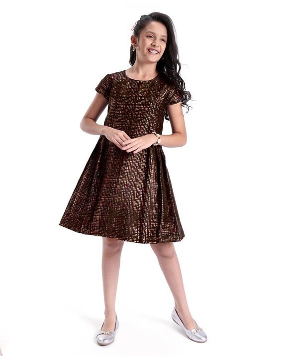 Pine Kids Half Sleeves Jacquard Knee Length Party Wear Dress- Black