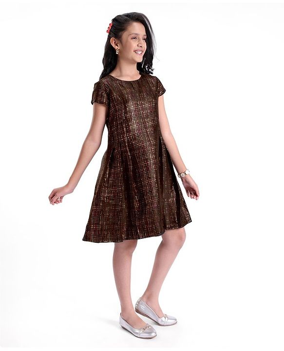 Pine Kids Half Sleeves Jacquard Knee Length Party Wear Dress- Black