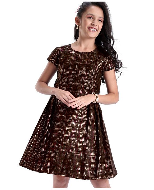 Pine Kids Half Sleeves Jacquard Knee Length Party Wear Dress- Black