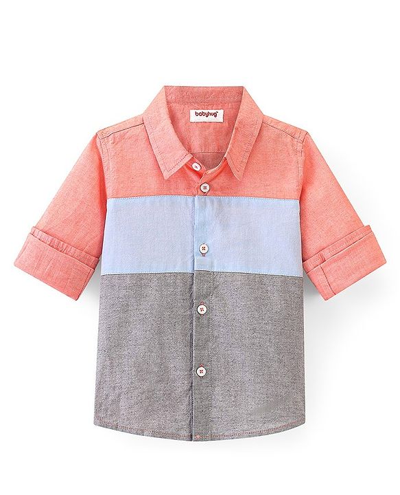Babyhug Cotton Woven Full Sleeves Shirt Cut & Sew -Pink Blue & Grey