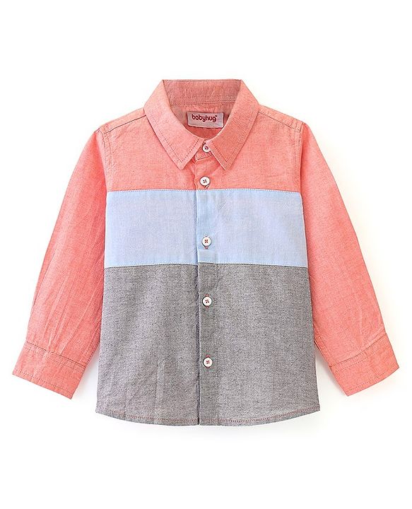 Babyhug Cotton Woven Full Sleeves Shirt Cut & Sew -Pink Blue & Grey