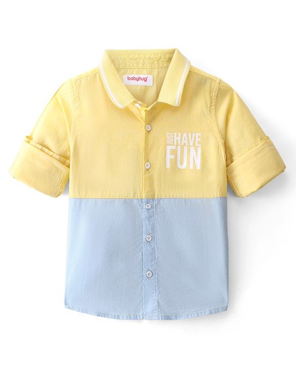 Babyhug Cotton Woven Full Sleeves Regular Rib Collar Text Printed Cut & Sew Shirt - Yellow & Blue